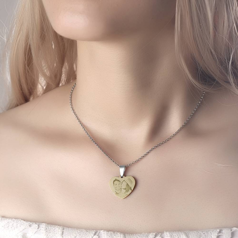 Women's Heart Photo Engraved Dog Tag Necklace 18k Gold Plated Stainless Steel