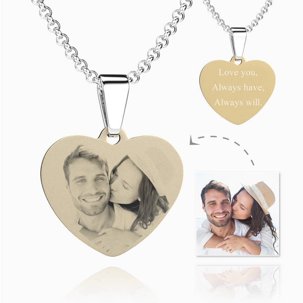 Women's Heart Photo Engraved Dog Tag Necklace 18k Gold Plated Stainless Steel