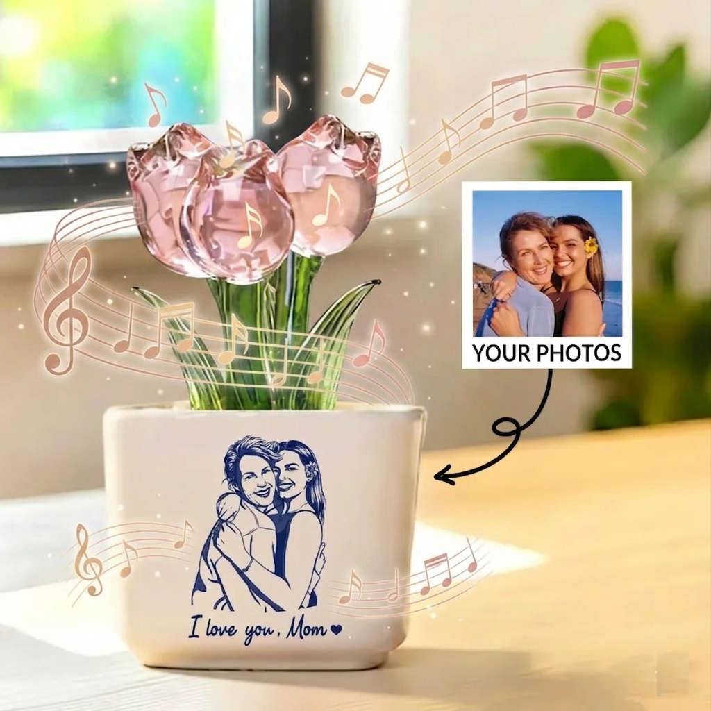 Personalized Photo Glass Tulip Potted Plant - Custom Flower Pot with Picture, Photo Gift for Mom, Mother’s Day Gift, Birthday Gift for Mom - Personalized Photo Glass Tulip