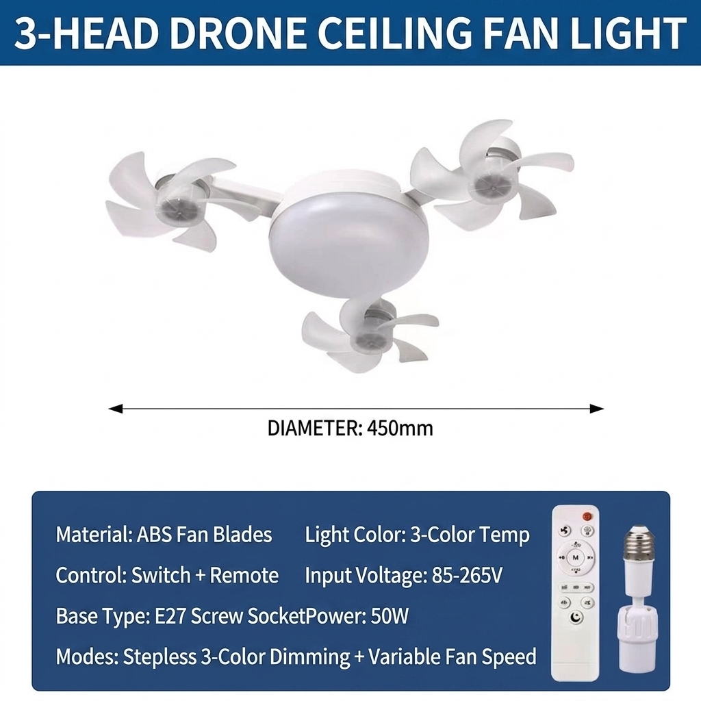 Multi-Head E27 Socket Ceiling Fan Light with Remote & Adjustable Adapter