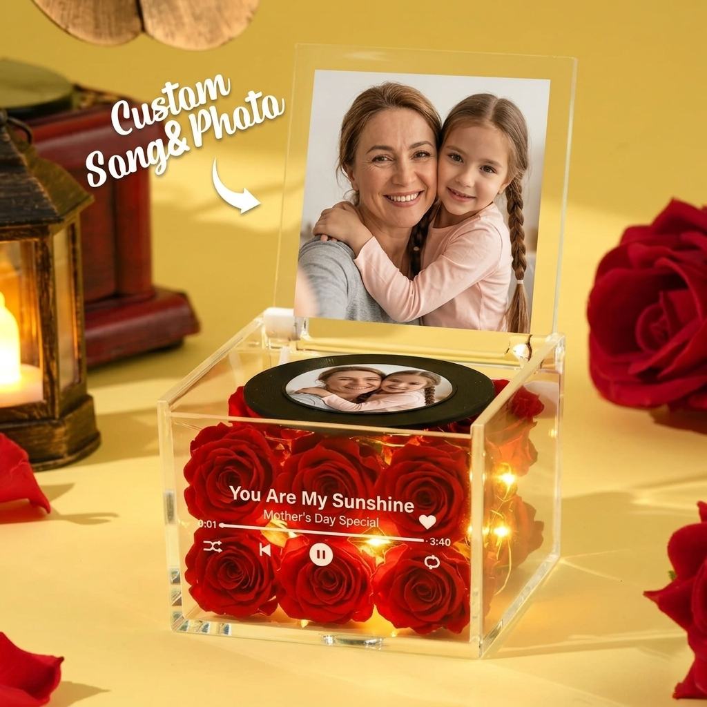 Rose Music Record Auto-Music Player Custom Photo with Light Personalized Music Acrylic Box for Best Mom on Mother's Day - 