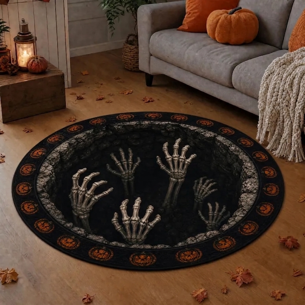 3D Optical Illusion Halloween Rug – Spooky Bottomless Hole Non-Slip Area Rug for Living Room, Entryway & Holiday Decor