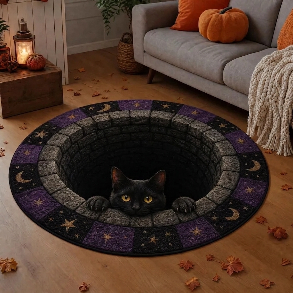 3D Optical Illusion Halloween Rug – Spooky Bottomless Hole Non-Slip Area Rug for Living Room, Entryway & Holiday Decor