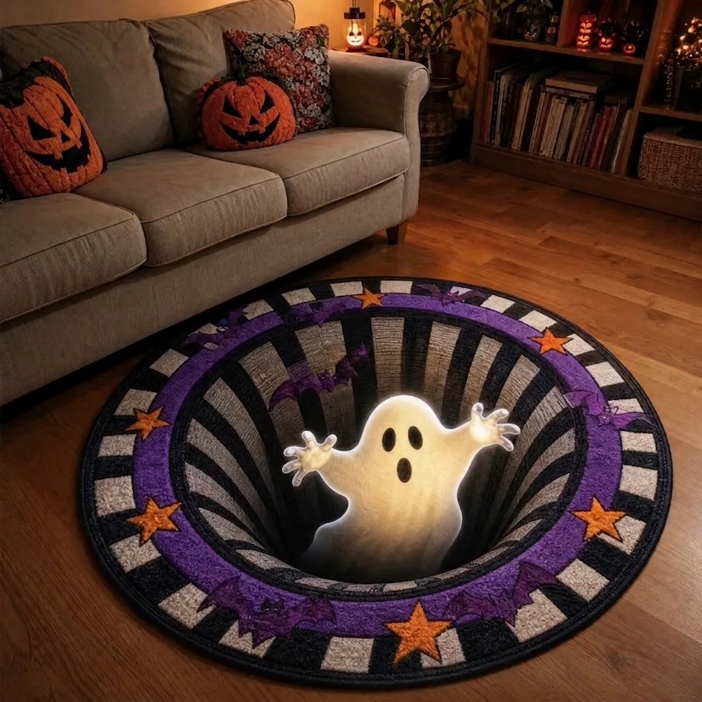 3D Optical Illusion Halloween Rug – Spooky Bottomless Hole Non-Slip Area Rug for Living Room, Entryway & Holiday Decor