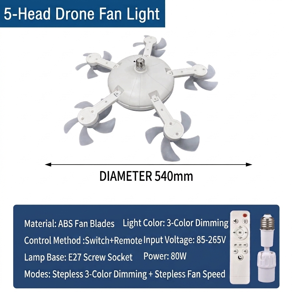 Multi-Head E27 Socket Ceiling Fan Light with Remote & Adjustable Extension Adapter