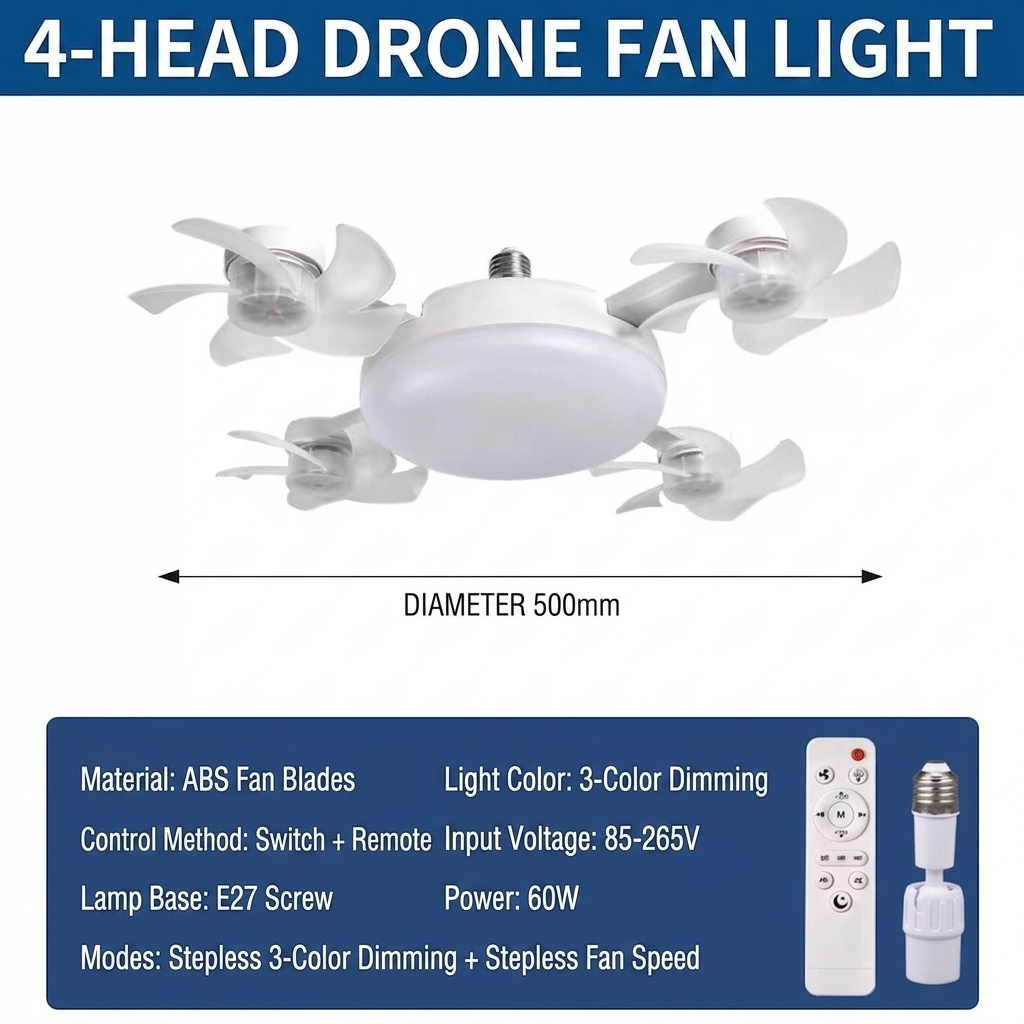 Multi-Head E27 Socket Ceiling Fan Light with Remote & Adjustable Extension Adapter