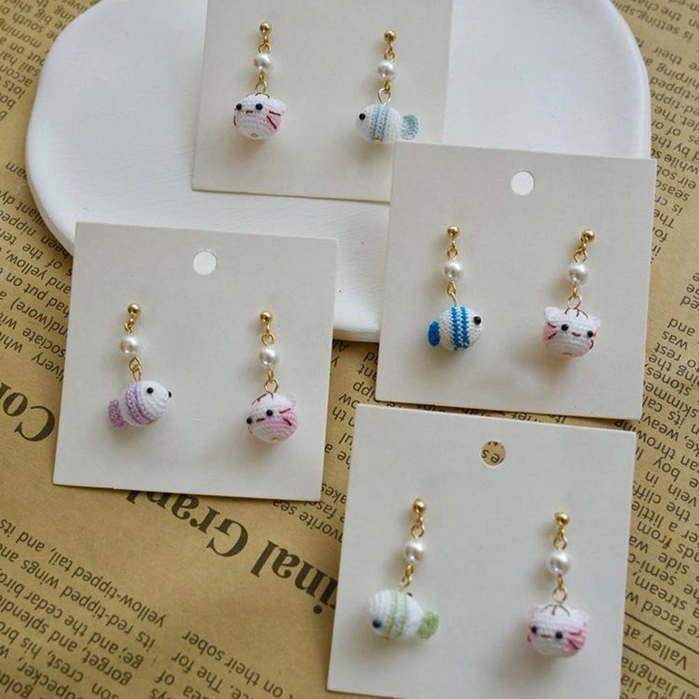 Handmade Crochet Cat and Fish Jewelry Earrings, Bracelet, Ring Unique Indie Lace Accessories