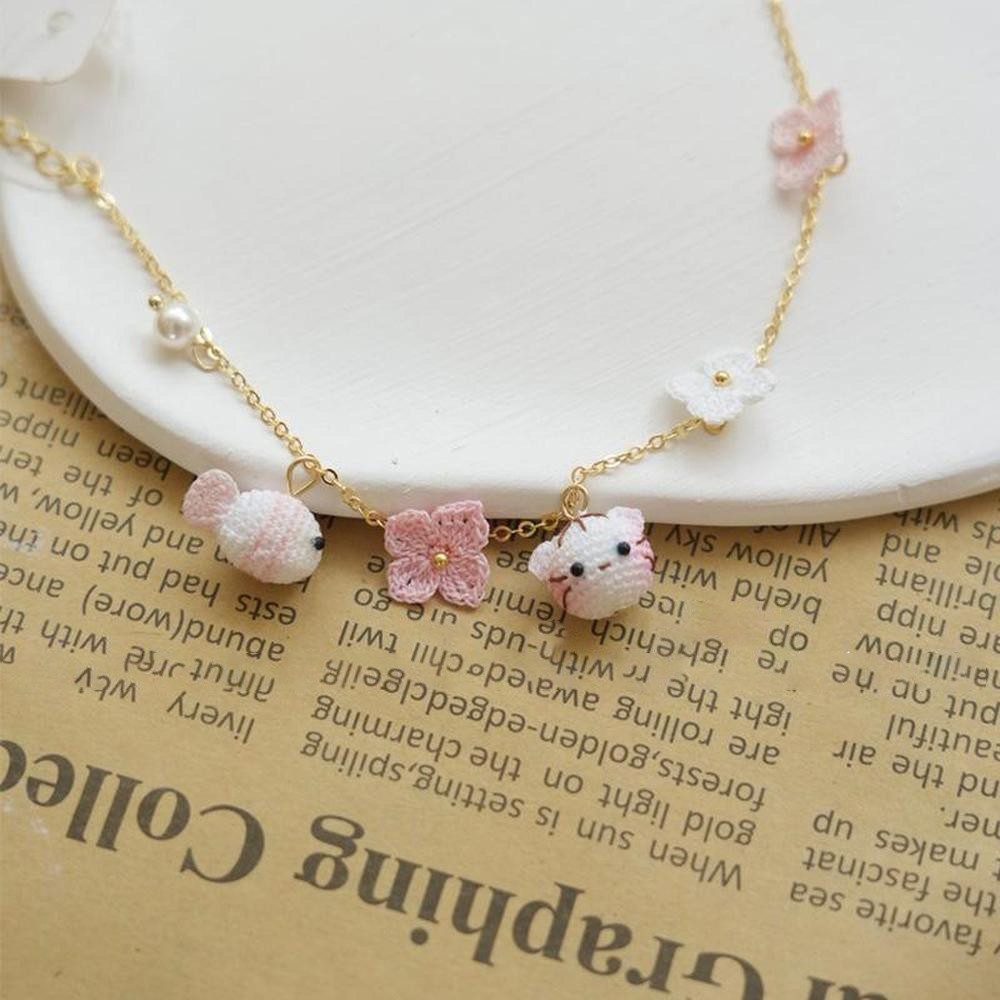 Handmade Crochet Cat and Fish Jewelry Earrings, Bracelet, Ring Unique Indie Lace Accessories