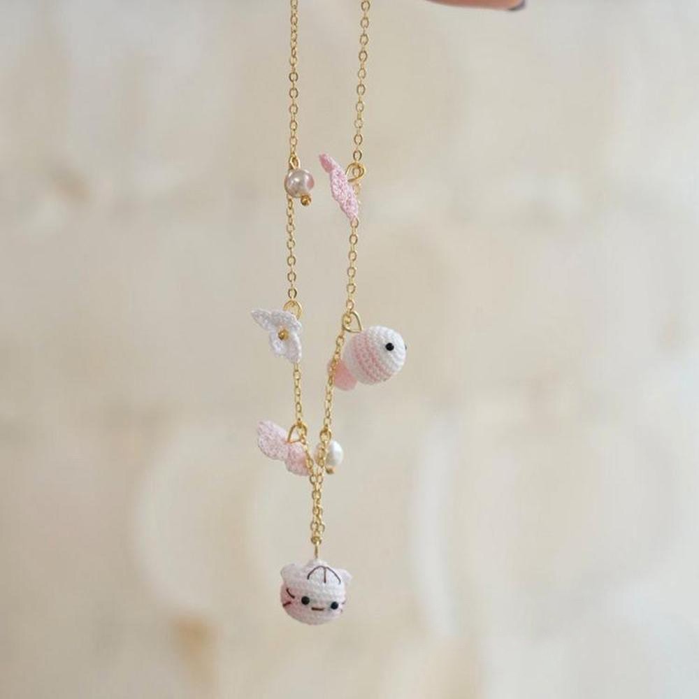 Handmade Crochet Cat and Fish Jewelry Earrings, Bracelet, Ring Unique Indie Lace Accessories