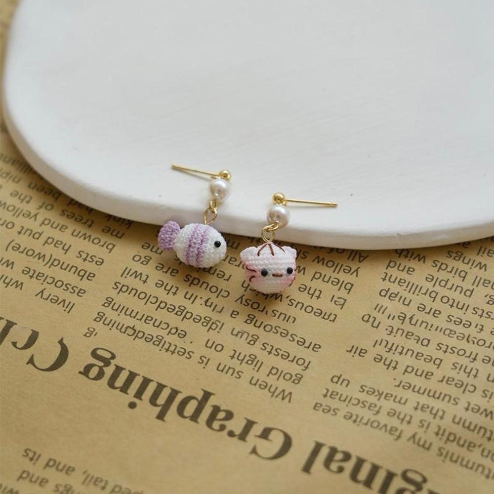 Handmade Crochet Cat and Fish Jewelry Earrings, Bracelet, Ring Unique Indie Lace Accessories