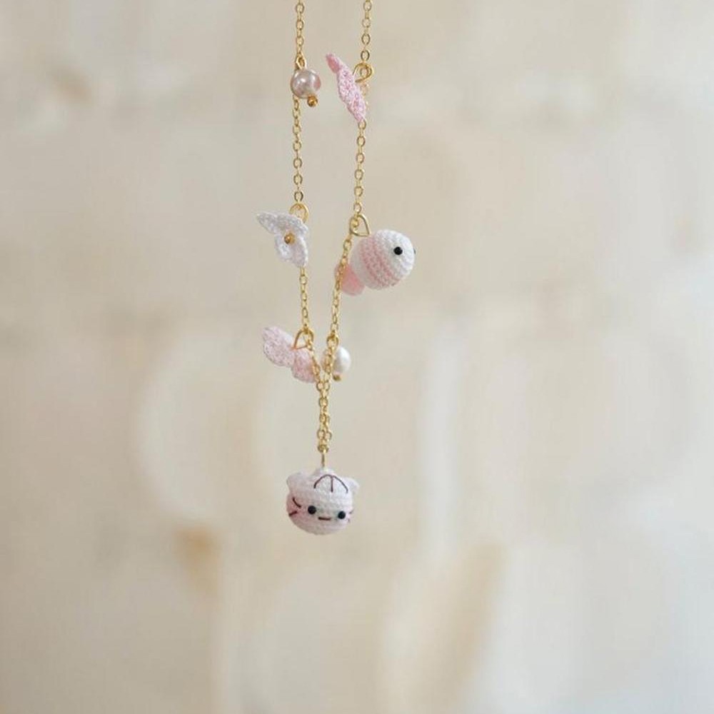 Handmade Crochet Cat and Fish Jewelry Earrings, Bracelet, Ring Unique Indie Lace Accessories