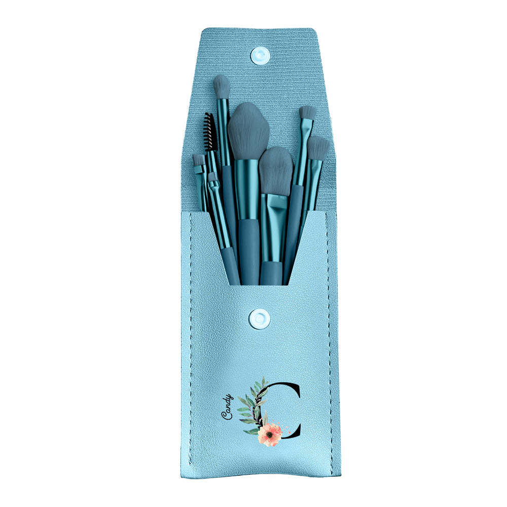 Personalized Flower Leather Makeup Brush Bag with 8 Pcs Makeup Brushes Gift for Her - 