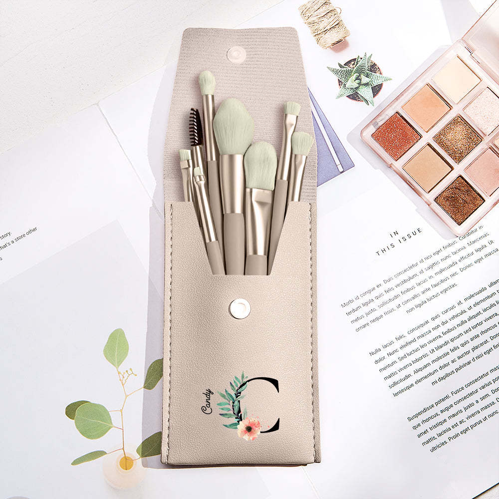 Personalized Flower Leather Makeup Brush Bag with 8 Pcs Makeup Brushes Gift for Her - 