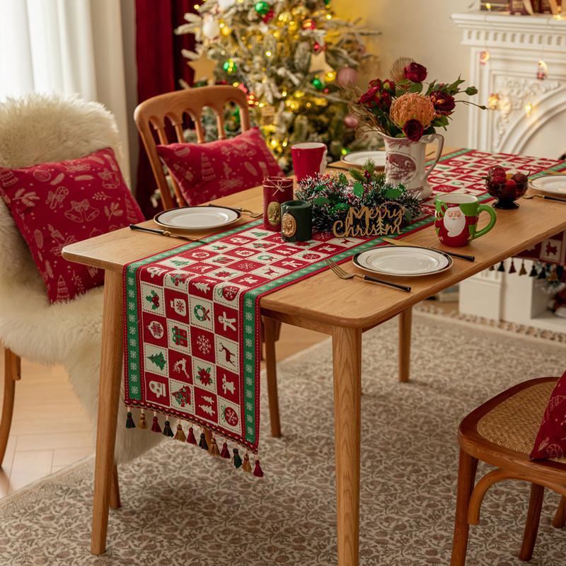 Christmas Snowman Jacquard Table Runner with Fringe, Polyester Tasseled Tablecloth for Dining, Buffet, Fireplace Mantle Scarf