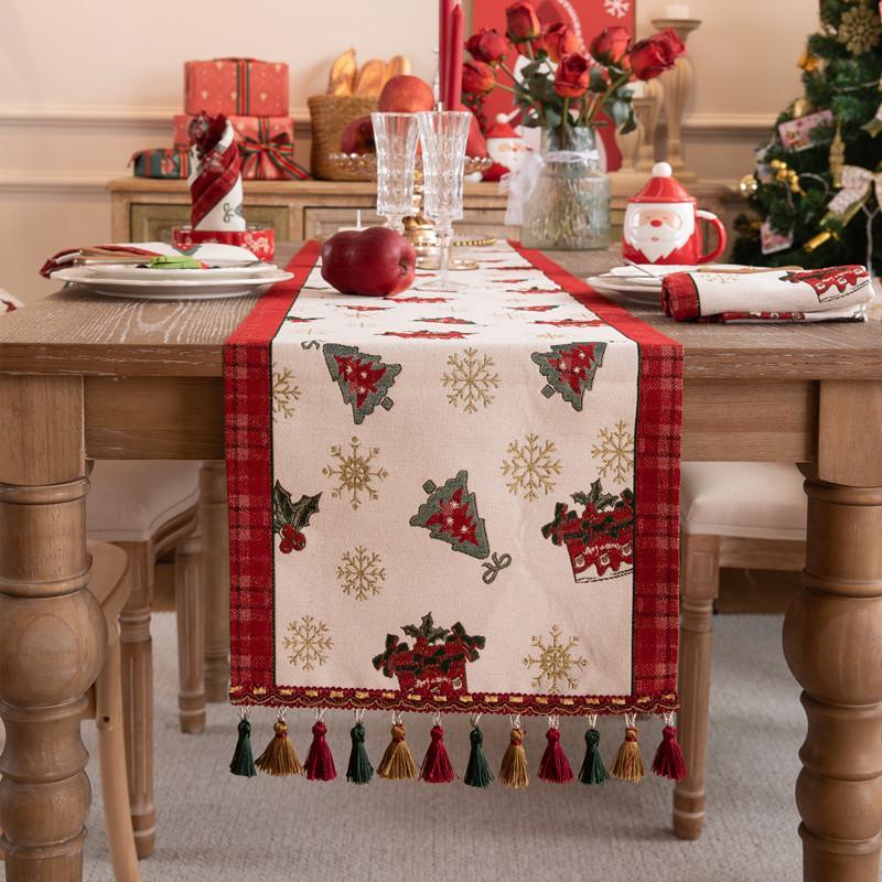 Christmas Snowman Jacquard Table Runner with Fringe, Polyester Tasseled Tablecloth for Dining, Buffet, Fireplace Mantle Scarf