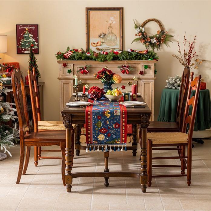 Christmas Snowman Jacquard Table Runner with Fringe, Polyester Tasseled Tablecloth for Dining, Buffet, Fireplace Mantle Scarf