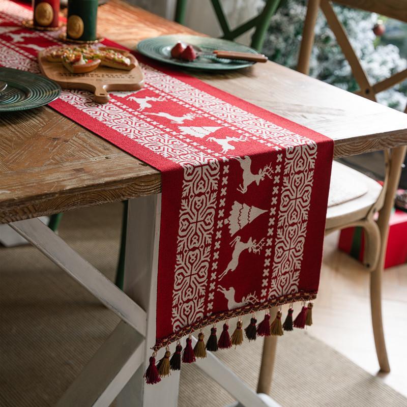 Christmas Snowman Jacquard Table Runner with Fringe, Polyester Tasseled Tablecloth for Dining, Buffet, Fireplace Mantle Scarf