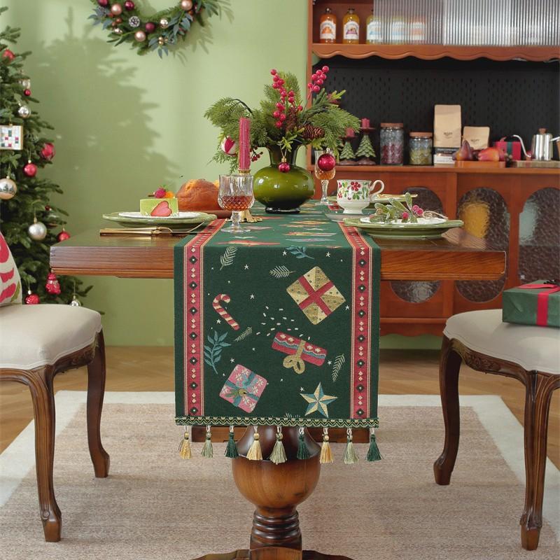 Christmas Snowman Jacquard Table Runner with Fringe, Polyester Tasseled Tablecloth for Dining, Buffet, Fireplace Mantle Scarf