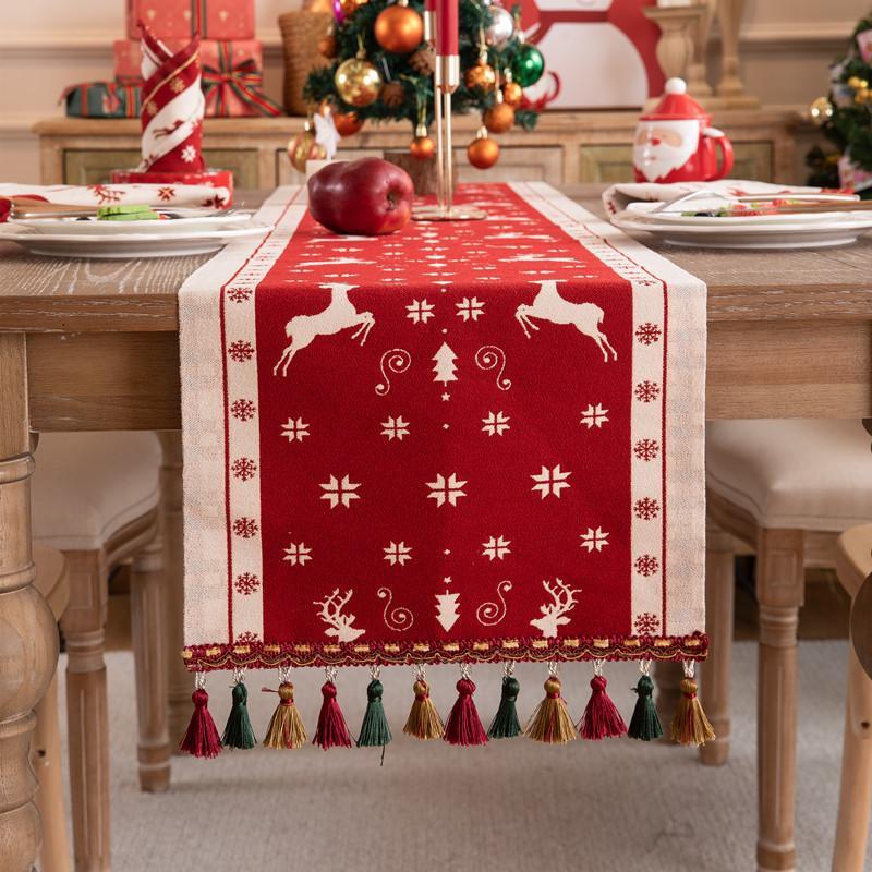 Christmas Snowman Jacquard Table Runner with Fringe, Polyester Tasseled Tablecloth for Dining, Buffet, Fireplace Mantle Scarf