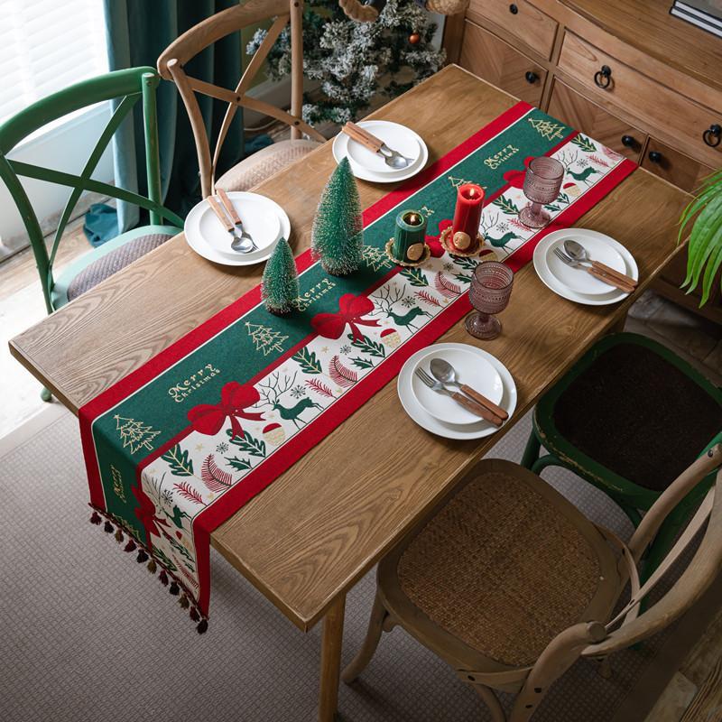Christmas Snowman Jacquard Table Runner with Fringe, Polyester Tasseled Tablecloth for Dining, Buffet, Fireplace Mantle Scarf