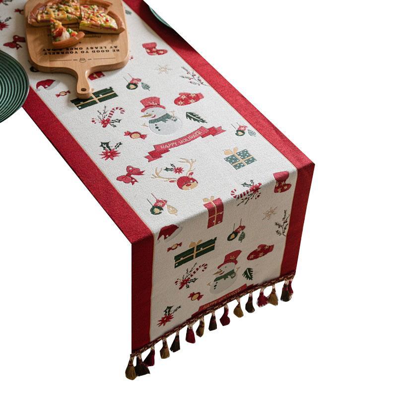 Christmas Snowman Jacquard Table Runner with Fringe, Polyester Tasseled Tablecloth for Dining, Buffet, Fireplace Mantle Scarf
