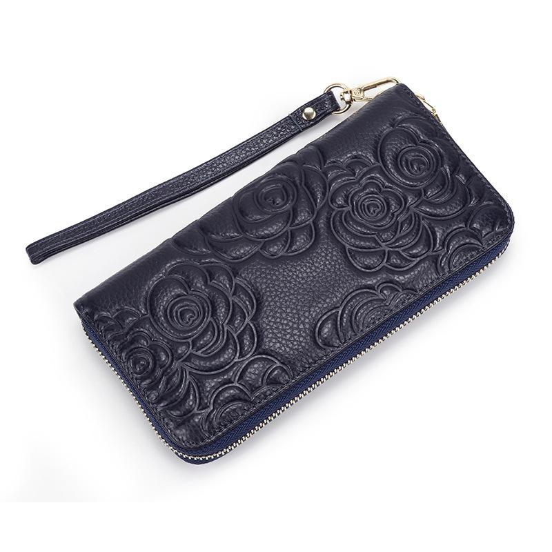 Camellia Genuine Leather Long Zipper Wallet Ladies Soft Leather Handbag Large Capacity Mobile Phone Wallet Handbag