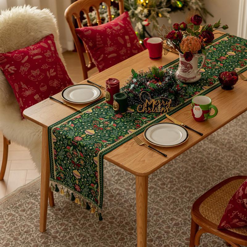 Christmas Snowman Jacquard Table Runner with Fringe, Polyester Tasseled Tablecloth for Dining, Buffet, Fireplace Mantle Scarf
