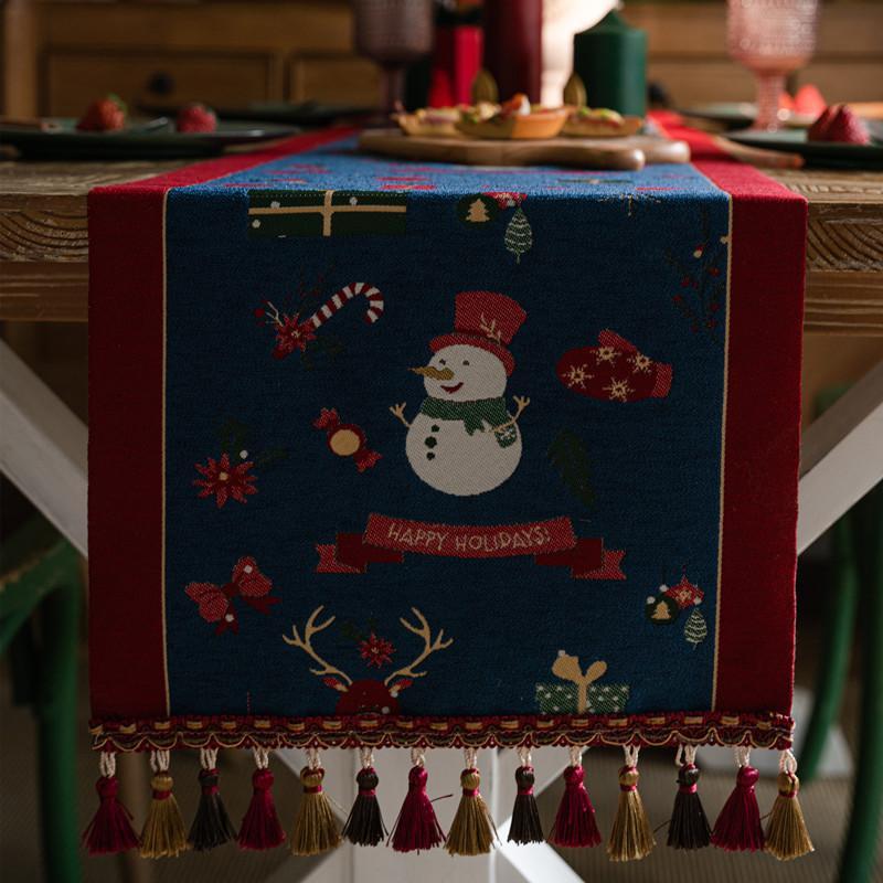 Christmas Snowman Jacquard Table Runner with Fringe, Polyester Tasseled Tablecloth for Dining, Buffet, Fireplace Mantle Scarf