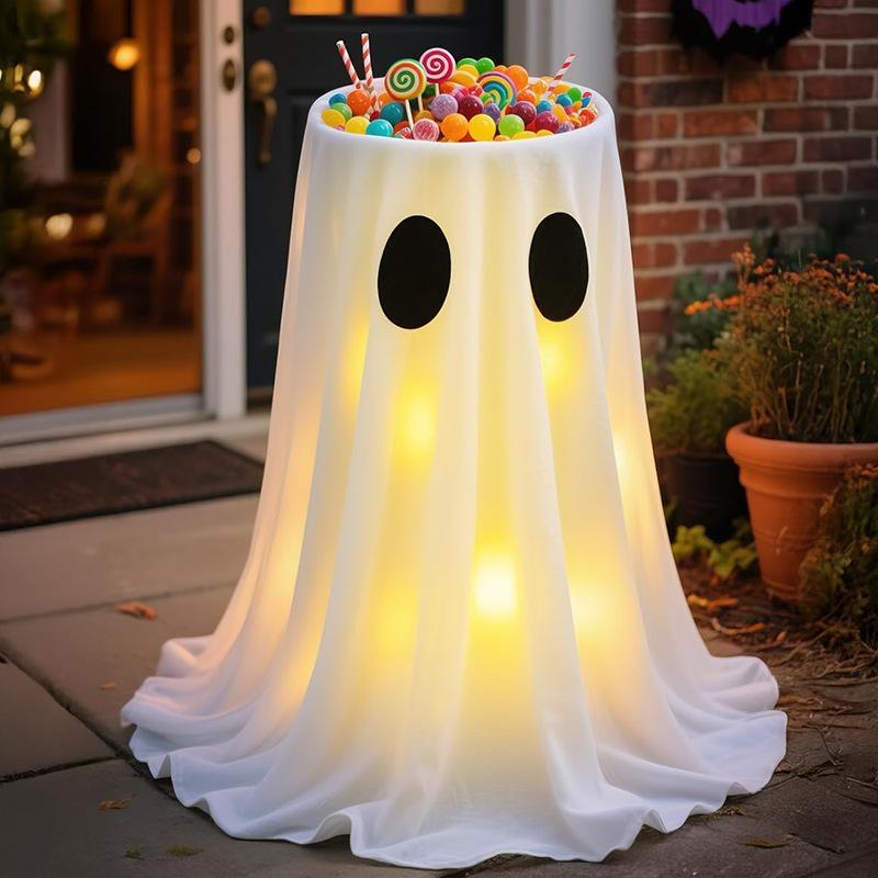 Light-Up Halloween Ghost Candy Bowl Holder – Standing Illuminated Outdoor Treat Dish with Tripod Frame & Warm Lights for Porch Decor