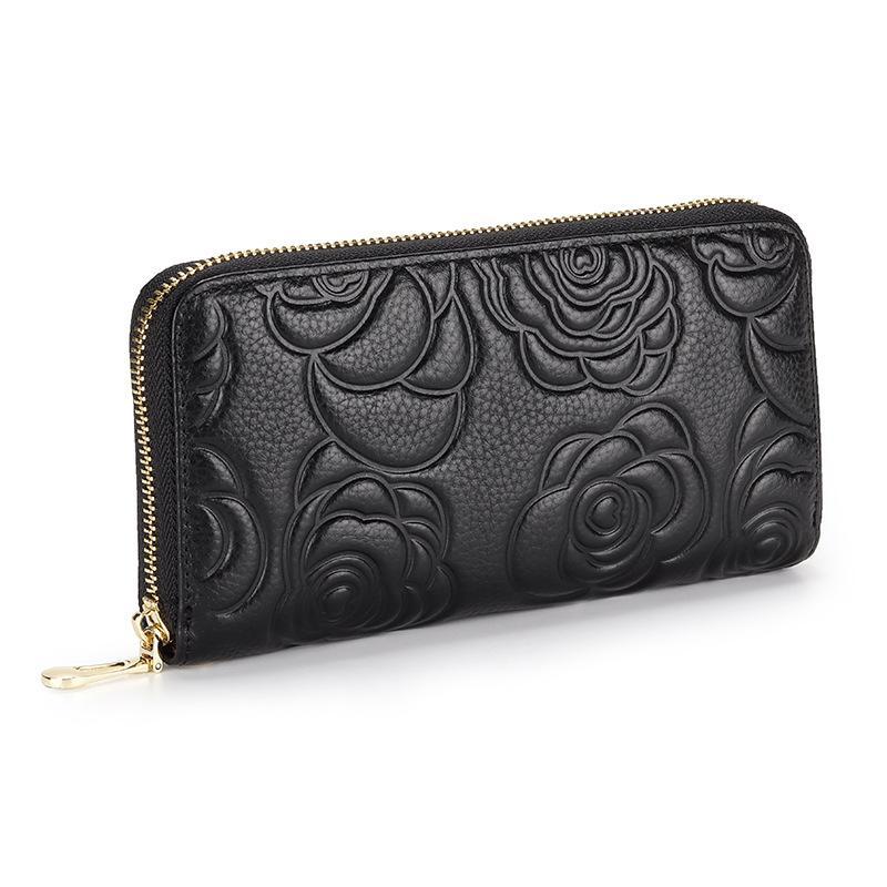 Camellia Genuine Leather Long Zipper Wallet Ladies Soft Leather Handbag Large Capacity Mobile Phone Wallet Handbag