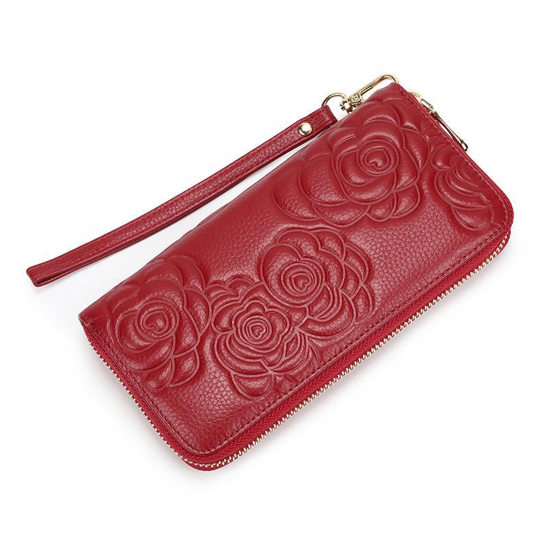 Camellia Genuine Leather Long Zipper Wallet Ladies Soft Leather Handbag Large Capacity Mobile Phone Wallet Handbag