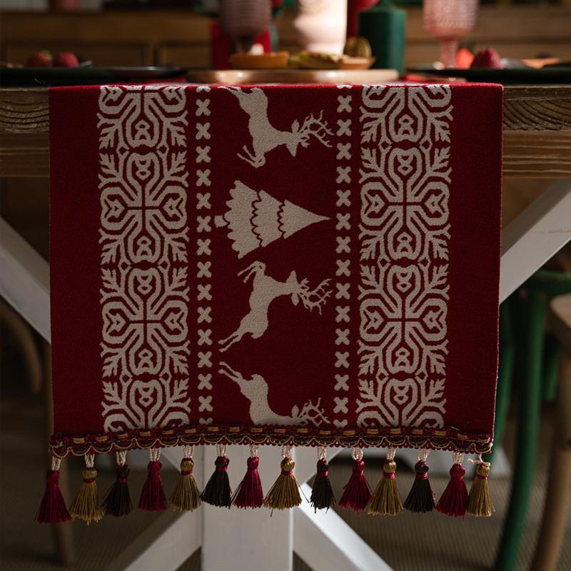 Christmas Snowman Jacquard Table Runner with Fringe, Polyester Tasseled Tablecloth for Dining, Buffet, Fireplace Mantle Scarf