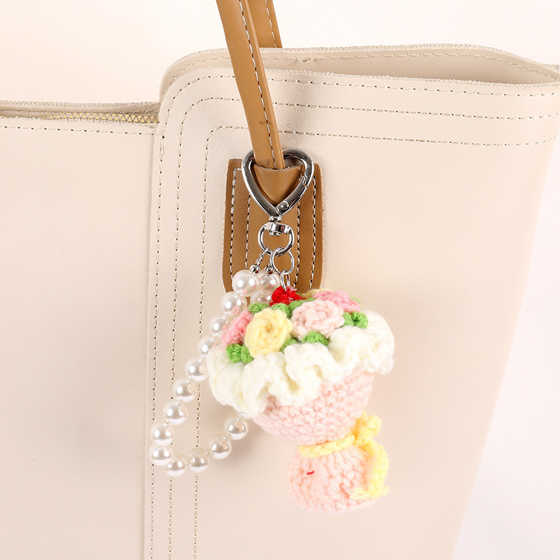Pearl Chain Handwoven Floral Keychain - Bohemian Rose Wristlet, Elegant Purse Accessory for Women