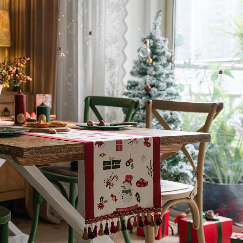 Christmas Snowman Jacquard Table Runner with Fringe, Polyester Tasseled Tablecloth for Dining, Buffet, Fireplace Mantle Scarf