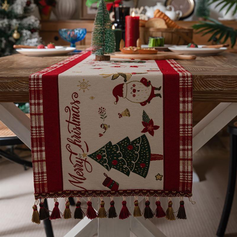 Christmas Snowman Jacquard Table Runner with Fringe, Polyester Tasseled Tablecloth for Dining, Buffet, Fireplace Mantle Scarf