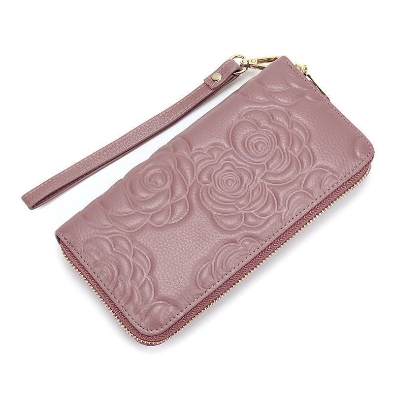 Camellia Genuine Leather Long Zipper Wallet Ladies Soft Leather Handbag Large Capacity Mobile Phone Wallet Handbag