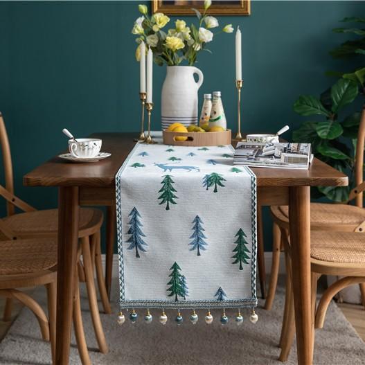Christmas Snowman Jacquard Table Runner with Fringe, Polyester Tasseled Tablecloth for Dining, Buffet, Fireplace Mantle Scarf