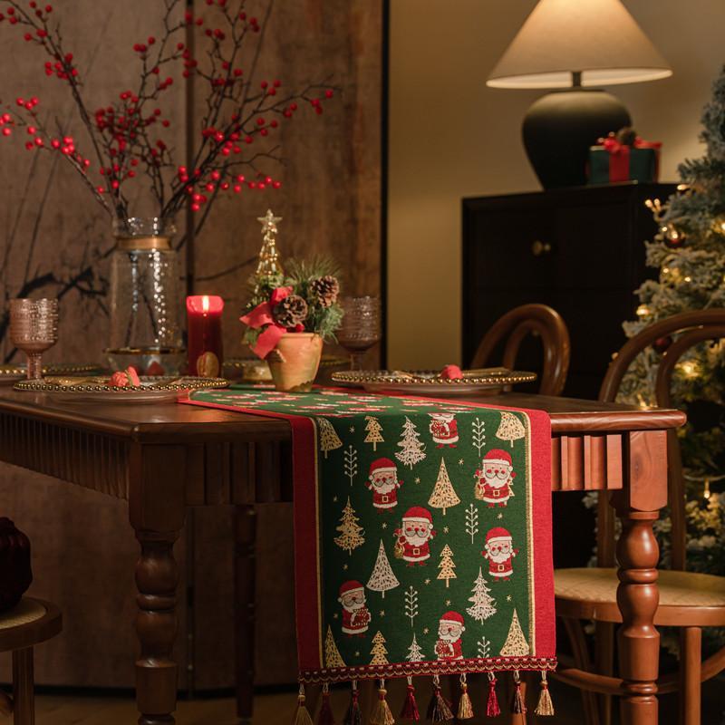 Christmas Snowman Jacquard Table Runner with Fringe, Polyester Tasseled Tablecloth for Dining, Buffet, Fireplace Mantle Scarf