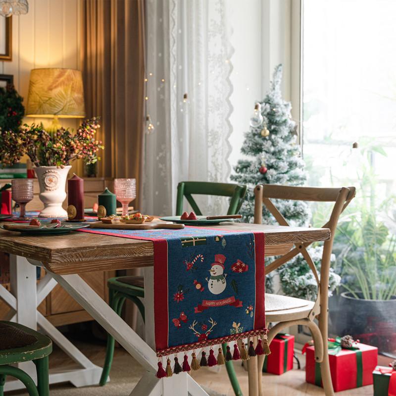 Christmas Snowman Jacquard Table Runner with Fringe, Polyester Tasseled Tablecloth for Dining, Buffet, Fireplace Mantle Scarf