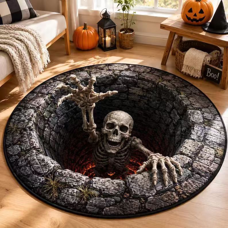 3D Optical Illusion Halloween Rug – Spooky Bottomless Hole Non-Slip Area Rug for Living Room, Entryway & Holiday Decor
