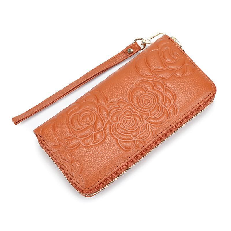 Camellia Genuine Leather Long Zipper Wallet Ladies Soft Leather Handbag Large Capacity Mobile Phone Wallet Handbag