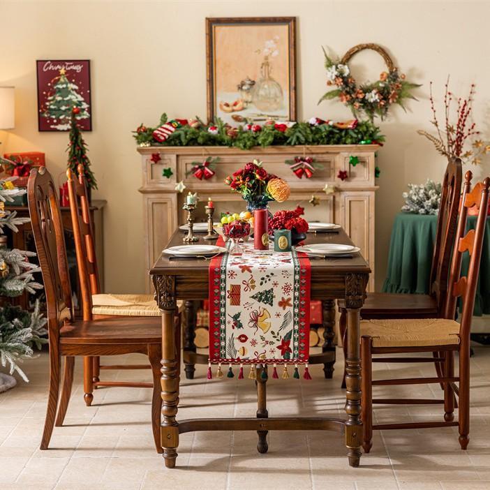 Christmas Snowman Jacquard Table Runner with Fringe, Polyester Tasseled Tablecloth for Dining, Buffet, Fireplace Mantle Scarf