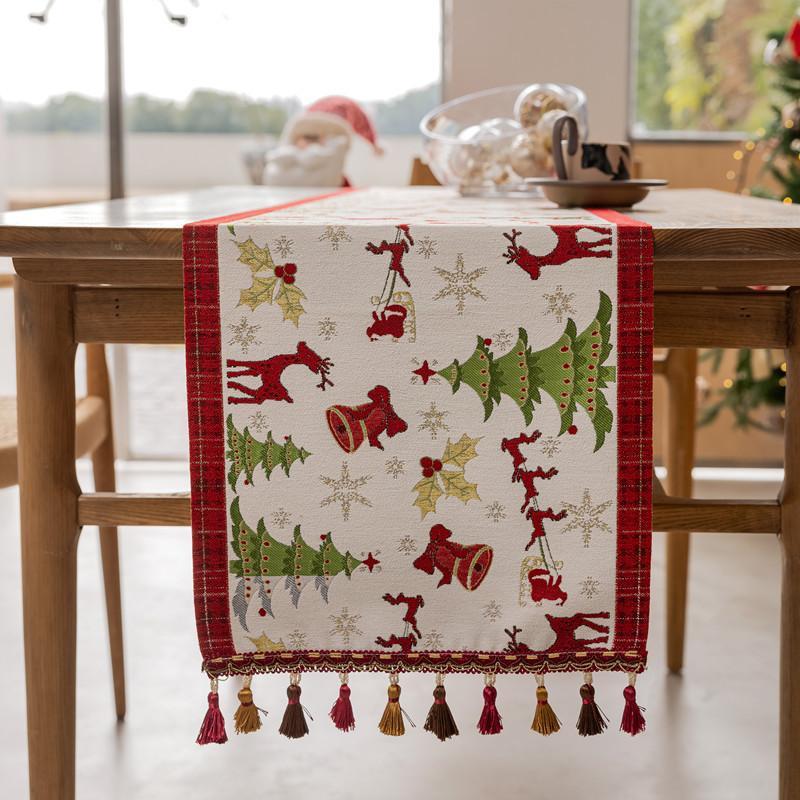 Christmas Snowman Jacquard Table Runner with Fringe, Polyester Tasseled Tablecloth for Dining, Buffet, Fireplace Mantle Scarf