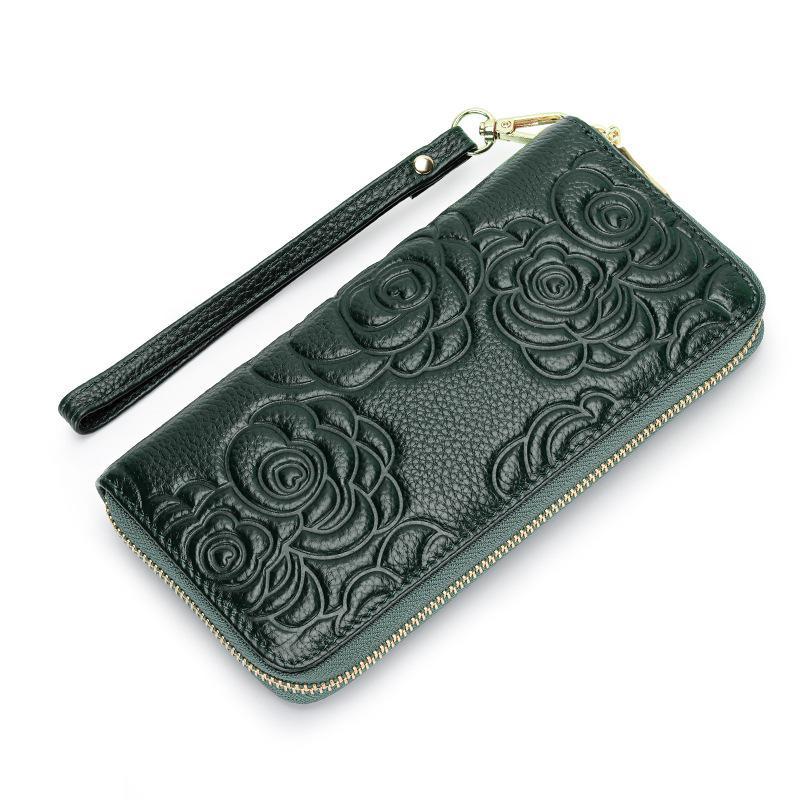 Camellia Genuine Leather Long Zipper Wallet Ladies Soft Leather Handbag Large Capacity Mobile Phone Wallet Handbag