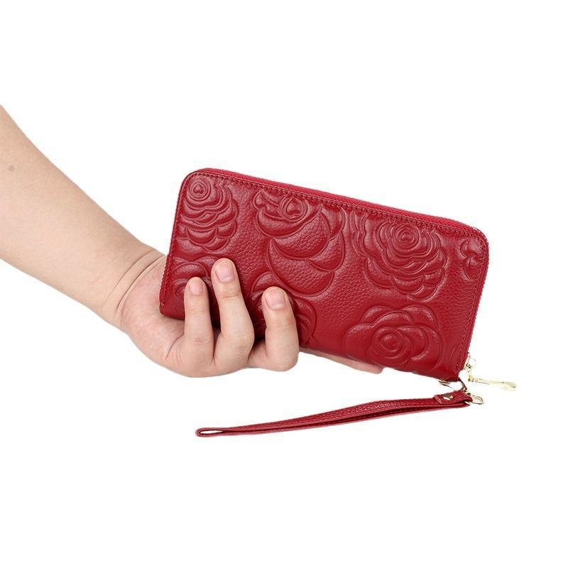 Camellia Genuine Leather Long Zipper Wallet Ladies Soft Leather Handbag Large Capacity Mobile Phone Wallet Handbag