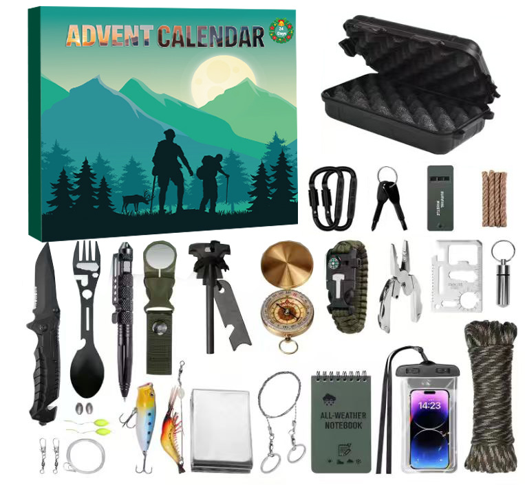 24-in-1 Outdoor Survival Gear Kit, Christmas Gift for Men & Women, Compact Multitool for Camping, Hiking, Emergencies & Adventures