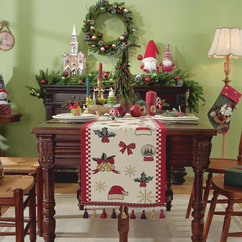Christmas Snowman Jacquard Table Runner with Fringe, Polyester Tasseled Tablecloth for Dining, Buffet, Fireplace Mantle Scarf