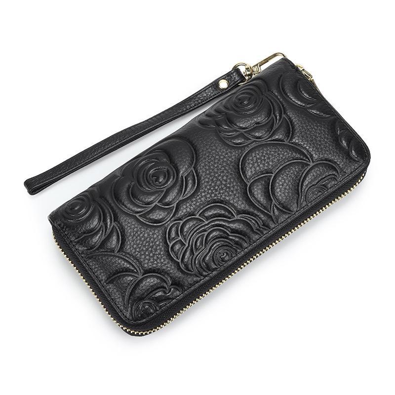 Camellia Genuine Leather Long Zipper Wallet Ladies Soft Leather Handbag Large Capacity Mobile Phone Wallet Handbag