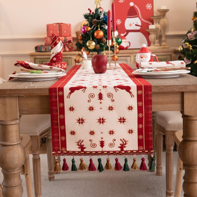 Christmas Snowman Jacquard Table Runner with Fringe, Polyester Tasseled Tablecloth for Dining, Buffet, Fireplace Mantle Scarf