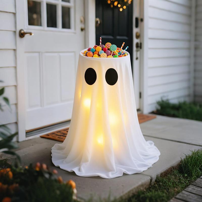 Light-Up Halloween Ghost Candy Bowl Holder – Standing Illuminated Outdoor Treat Dish with Tripod Frame & Warm Lights for Porch Decor
